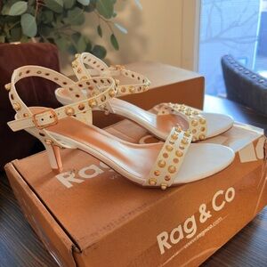 Rag & Co ~ White Genuine Leather Studded Ankle-Strap Heels
